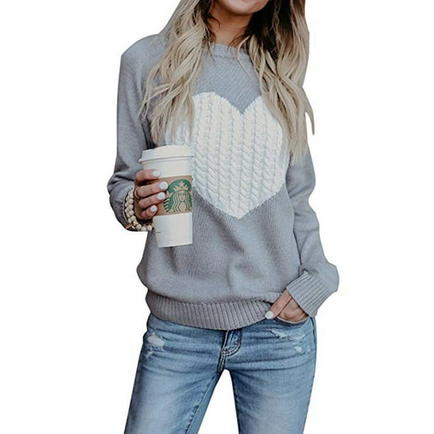 CINUE Women Casual O-Neck Long Sleeve Heart Shape Appliques Pullover Sweater Scoop Neck 